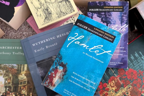 Collection of classic books in pile on floor, including Hamlet, Wuthering Heights, February 2, 2026, Schaumburg IL